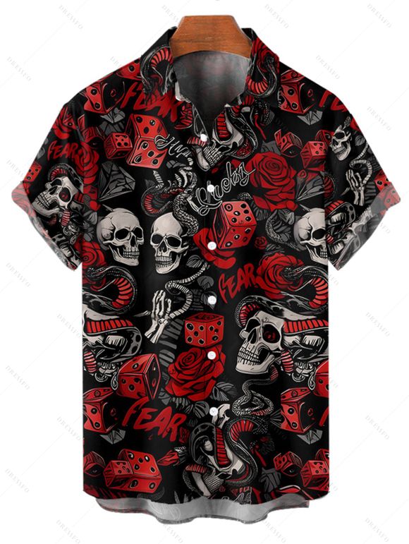 Chemise gothique à manches courtes et boutons pour homme, motif tête de mort, rose, dés, lettres, vacances - Noir 5XL