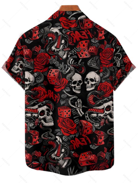 Chemise gothique à manches courtes et boutons pour homme, motif tête de mort, rose, dés, lettres, vacances - Noir 4XL