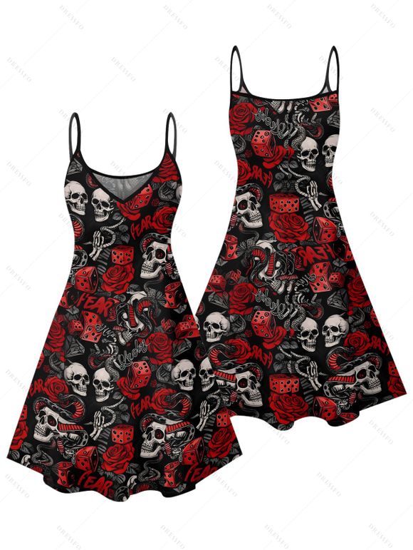 Robe gothique à imprimé tête de mort et rose, motif lettres, bretelles spaghetti, col en V, coupe trapèze, mini-robe de vacances - Noir XXXL | US 16