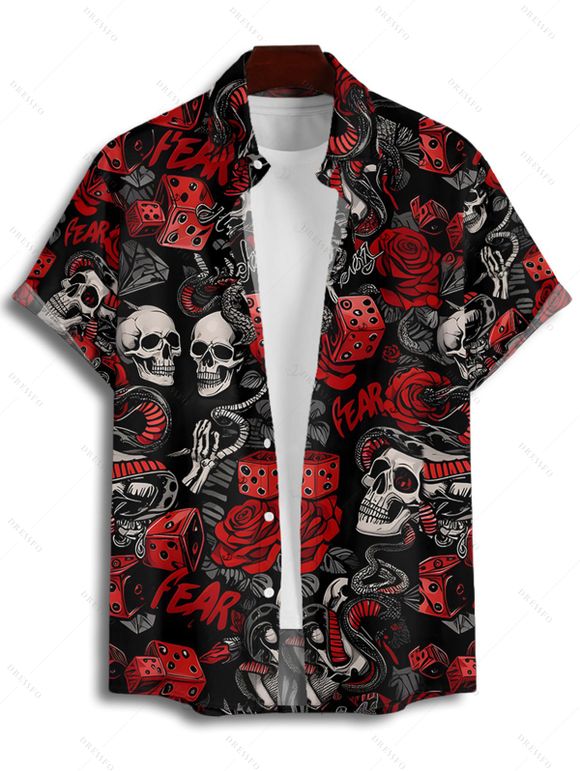 Chemise gothique à manches courtes et boutons pour homme, motif tête de mort, rose, dés, lettres, vacances - Noir 4XL
