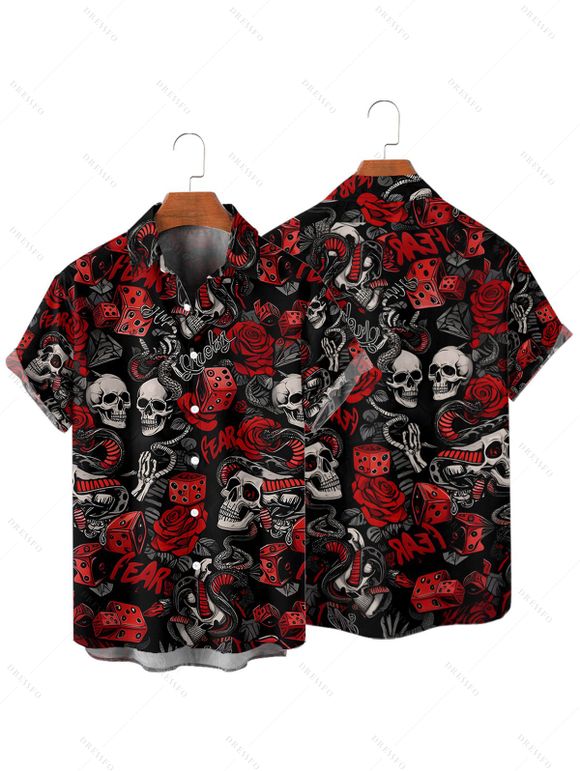 Chemise gothique à manches courtes et boutons pour homme, motif tête de mort, rose, dés, lettres, vacances - Noir 4XL