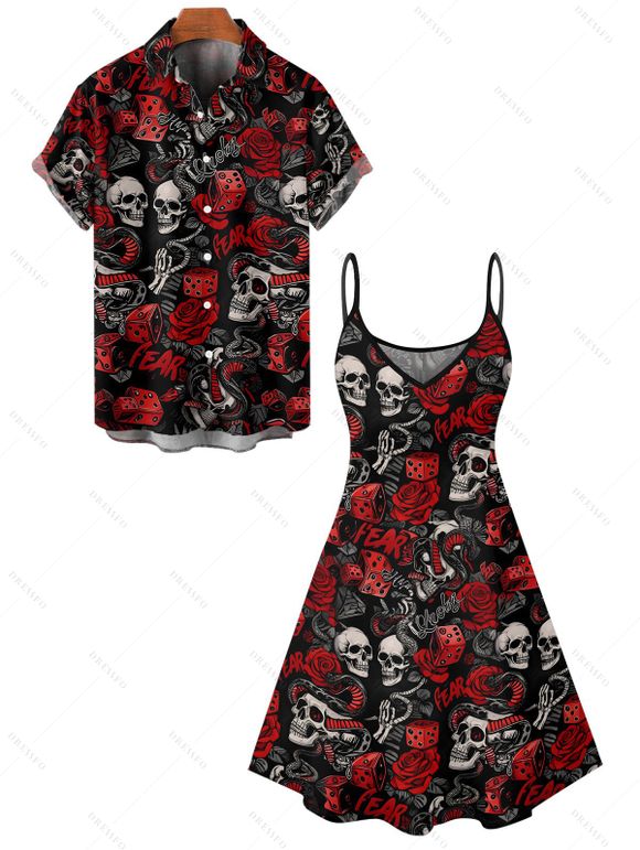 Gothic Couple Outfit Allover Skulls Rose Dice Letter Pattern Spaghetti Strap V Neck A Line Mini Tank Dress and Button Up Shirt Holiday Matching Outfit - Noir S | US 4