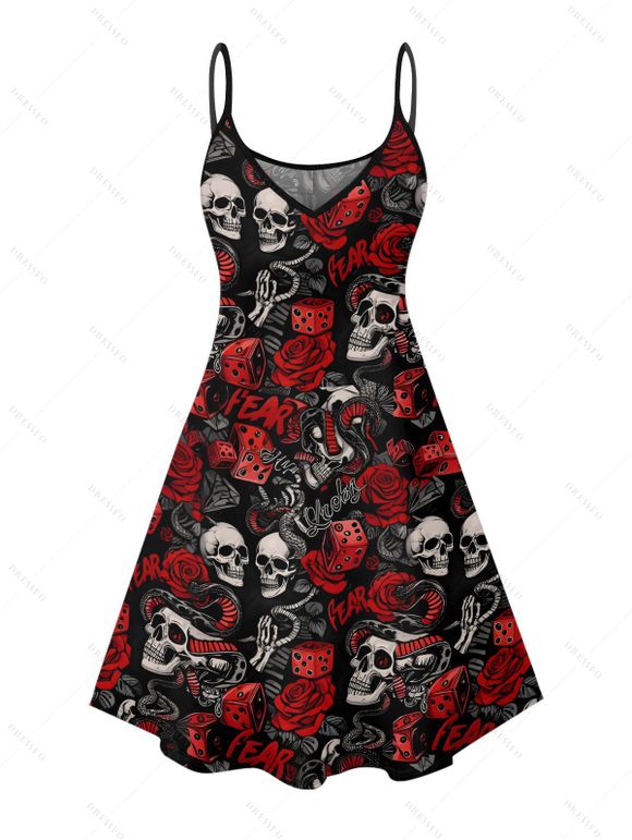 Gothic Couple Outfit Allover Skulls Rose Dice Letter Pattern Spaghetti Strap V Neck A Line Mini Tank Dress and Button Up Shirt Holiday Matching Outfit - Noir S | US 4