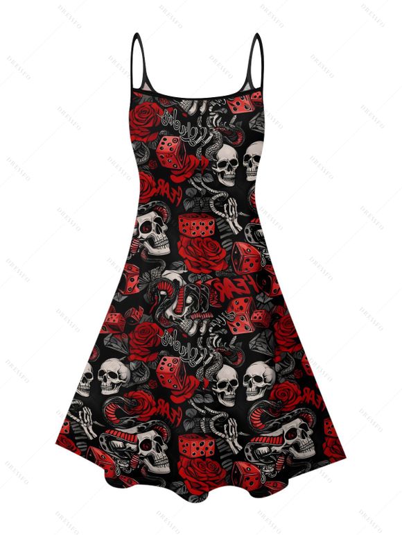 Gothic Couple Outfit Allover Skulls Rose Dice Letter Pattern Spaghetti Strap V Neck A Line Mini Tank Dress and Button Up Shirt Holiday Matching Outfit - Noir S | US 4