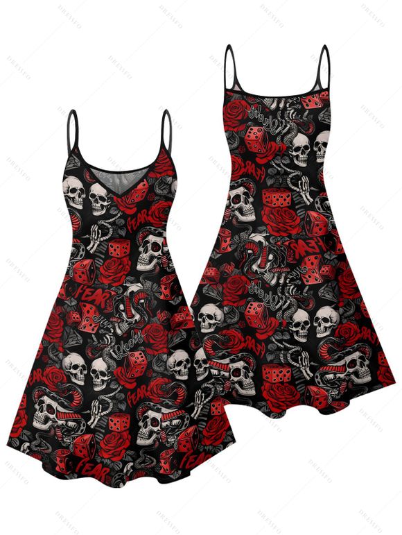 Gothic Couple Outfit Allover Skulls Rose Dice Letter Pattern Spaghetti Strap V Neck A Line Mini Tank Dress and Button Up Shirt Holiday Matching Outfit - Noir S | US 4