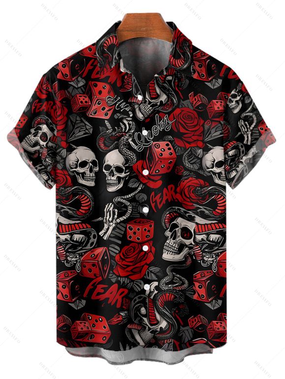 Gothic Couple Outfit Allover Skulls Rose Dice Letter Pattern Spaghetti Strap V Neck A Line Mini Tank Dress and Button Up Shirt Holiday Matching Outfit - Noir S | US 4