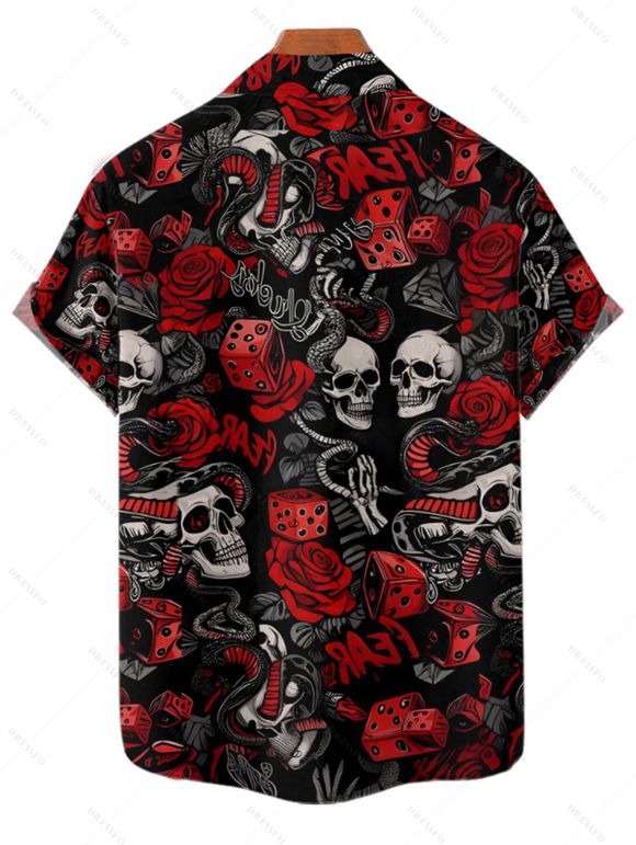Gothic Couple Outfit Allover Skulls Rose Dice Letter Pattern Spaghetti Strap V Neck A Line Mini Tank Dress and Button Up Shirt Holiday Matching Outfit - Noir S | US 4