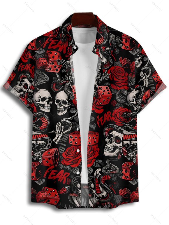 Gothic Couple Outfit Allover Skulls Rose Dice Letter Pattern Spaghetti Strap V Neck A Line Mini Tank Dress and Button Up Shirt Holiday Matching Outfit - Noir S | US 4