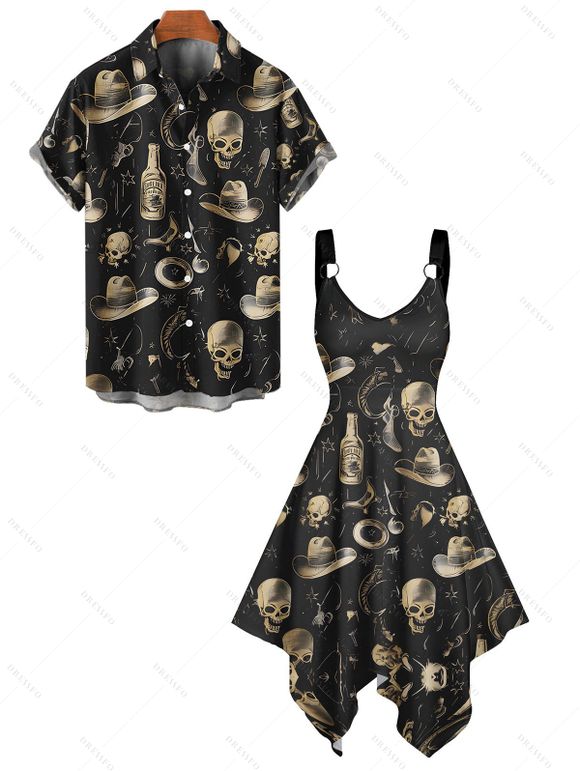 Gothic Couple Outfit Skulls Glass Western Style Cowboy Hat Print Asymmetrical Hem Dress and Button Up Shirt Vacation Matching Outfit - Noir S | US 4