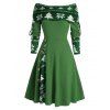 Robe colorblock, robe de Noël, imprimé sapin et flocon de neige, mini-robe trapèze cintrée à manches longues et godets - Vert XXL