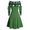 Robe colorblock, robe de Noël, imprimé sapin et flocon de neige, mini-robe trapèze cintrée à manches longues et godets - Vert XXL
