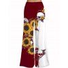 Pantalon gothique monochrome à motif de crânes de tournesol, pantalon élastique taille haute pour les vacances, pantalon large - Rouge foncé XXL | US 14