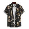 Chemise gothique à manches courtes et boutons pour homme, style western, avec imprimé chapeau de cowboy et tête de mort en verre - Noir 5XL