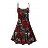 Robe gothique à imprimé tête de mort et rose, motif lettres, bretelles spaghetti, col en V, coupe trapèze, mini-robe de vacances - Noir XXXXXL | US 20