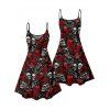 Robe gothique à imprimé tête de mort et rose, motif lettres, bretelles spaghetti, col en V, coupe trapèze, mini-robe de vacances - Noir XXXXXL | US 20