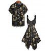 Gothic Couple Outfit Skulls Glass Western Style Cowboy Hat Print Asymmetrical Hem Dress and Button Up Shirt Vacation Matching Outfit - Noir S | US 4