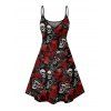Gothic Couple Outfit Allover Skulls Rose Dice Letter Pattern Spaghetti Strap V Neck A Line Mini Tank Dress and Button Up Shirt Holiday Matching Outfit - Noir S | US 4