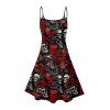 Gothic Couple Outfit Allover Skulls Rose Dice Letter Pattern Spaghetti Strap V Neck A Line Mini Tank Dress and Button Up Shirt Holiday Matching Outfit - Noir S | US 4