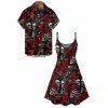 Gothic Couple Outfit Allover Skulls Rose Dice Letter Pattern Spaghetti Strap V Neck A Line Mini Tank Dress and Button Up Shirt Holiday Matching Outfit - Noir S | US 4