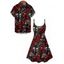 Gothic Couple Outfit Allover Skulls Rose Dice Letter Pattern Spaghetti Strap V Neck A Line Mini Tank Dress and Button Up Shirt Holiday Matching Outfit - Noir S | US 4