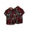 Gothic Couple Outfit Allover Skulls Rose Dice Letter Pattern Spaghetti Strap V Neck A Line Mini Tank Dress and Button Up Shirt Holiday Matching Outfit - Noir S | US 4