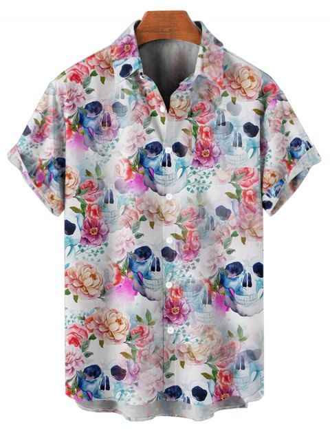 Chemise gothique à manches courtes et boutons pour homme, motif floral coloré et tête de mort, style vacances