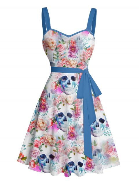 Robe de vacances mini à motif floral coloré et tête de mort, buste froncé, ceinture gothique, décolleté en cœur, coupe trapèze