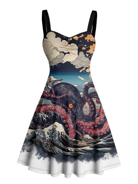 Robe gothique à motif de paysage de vagues de pierre de poulpe, buste froncé, col en cœur, robe de vacances trapèze mini