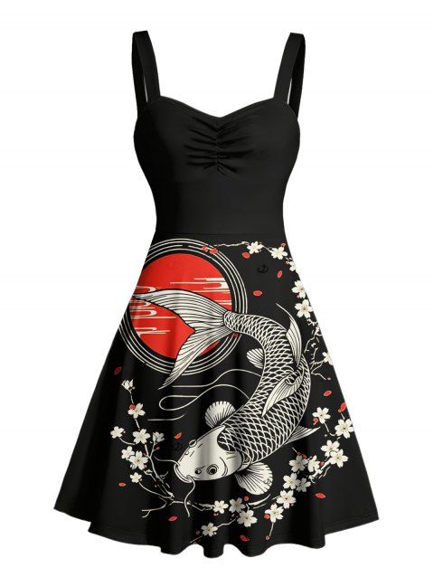 Robe de vacances à motif géométrique en fleur de pêcher, buste froncé, col en cœur, mini robe vintage trapèze