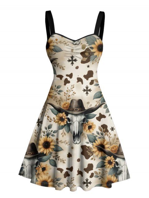 Robe de vacances style western à motif tête de mort et chapeau de cowboy, décolleté en cœur, coupe trapèze, mini-robe vintage