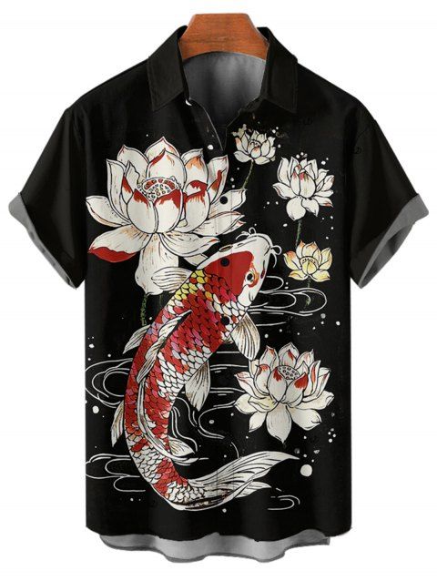 Chemise de vacances à manches courtes et boutons pour homme, style rétro, motif lotus et poisson, décontractée