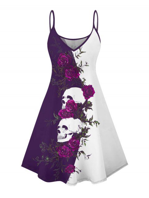 Monochrome Rose Skulls Pattern Gothic Dress Spaghetti Strap V Neck A Line Mini Holiday Tank Dress