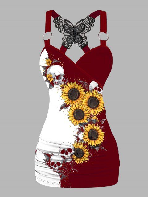 Débardeur gothique monochrome à motif de tournesols et de crânes, en dentelle papillon, avec surplis contrasté et anneau en O, haut de vacances