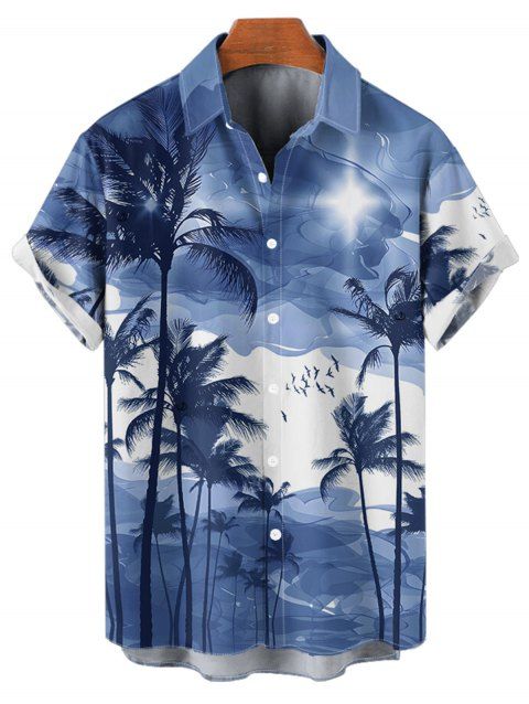 Chemise de vacances à motif palmier ombré pour homme, boutonnée, retroussée, manches courtes, pour la plage