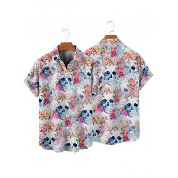 Men's Allover Colored Floral Skulls Pattern Gothic Shirt Button Up Roll Up Short Sleeve Vacation Shirt