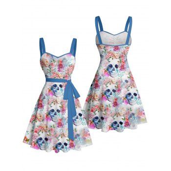 Allover Colored Floral Skulls Pattern Ruched Bust Gothic Belt Dress Sweetheart Neck A Line Mini Vacation Dress