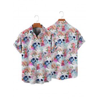 Gothic Couple Outfit Allover Colored Floral Skulls Pattern Ruched Bust Belt Sweetheart Neck Dress and Button Up Shirt Vacation Matching Outfit