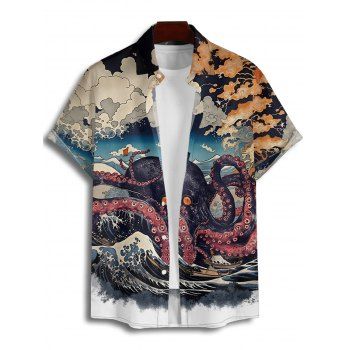 Men's Octopus Stone Wave Landscape Pattern Gothic Shirt Button Up Roll Up Short Sleeve Vacation Shirt