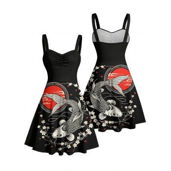 Fish Peach Blossom Geometric Pattern Ruched Bust Vacation Dress Sweetheart Neck A Line Mini Vintage Dress