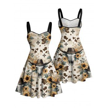 Sunflower Leaf Skull with Cowboy Hat Western Style Pattern Ruched Bust Vacation Dress Sweetheart Neck A Line Mini Vintage Dress