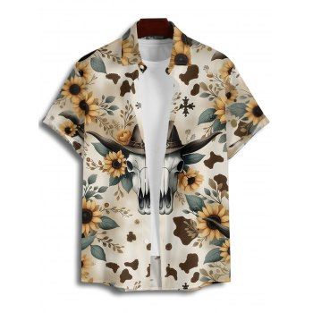 Vacation Couple Outfit Sunflower Leaf Skull with Cowboy Hat Western Style Pattern Ruched Bust Dress and Button Up Shirt Vintage Matching Outfit