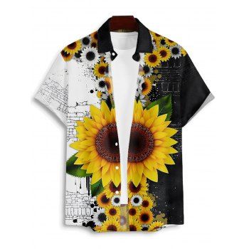 Men's Contrast Color Sunflower Leaf Pattern Gothic Shirt Button Up Roll Up Short Sleeve Vacation Shirt