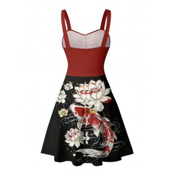 Colorblock Retro Style Lotus Fish Pattern Ruched Bust Vacation Dress Sweetheart Neck A Line Mini Casual Dress