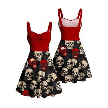 Retro Colorblock Skulls Print Ruched Bust Gothic Dress Sweetheart Neck A Line Mini Holiday Dress