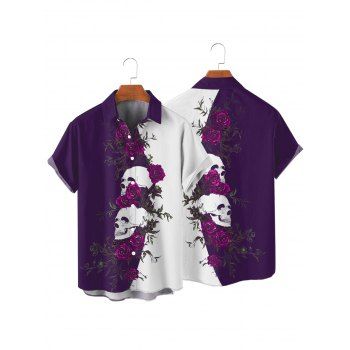 Men's Monochrome Rose Skulls Pattern Gothic Shirt Button Up Roll Up Short Sleeve Holiday Shirt