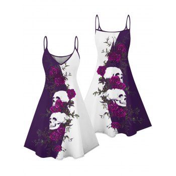 Monochrome Rose Skulls Pattern Gothic Dress Spaghetti Strap V Neck A Line Mini Holiday Tank Dress