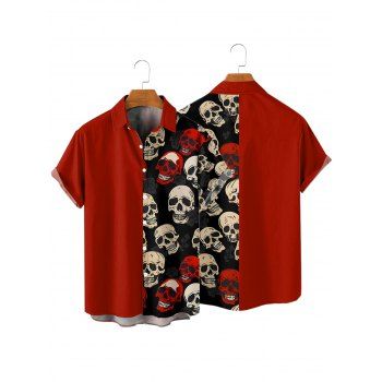 Gothic Couple Outfit Retro Colorblock Skulls Print Ruched Bust Sweetheart Neck A Line Mini Dress and Button Up Shirt Holiday Matching Outfit