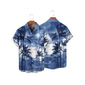 Vacation Couple Outfit Ombre Palm Tree Pattern Ruched Bust Belt Sweetheart Neck A Line Mini Dress and Button Up Shirt Beach Matching Outfit