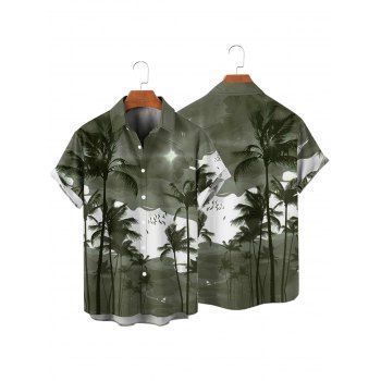 Vacation Couple Outfit Ombre Palm Tree Pattern Ruched Bust Belt Sweetheart Neck A Line Mini Dress and Button Up Shirt Beach Matching Outfit