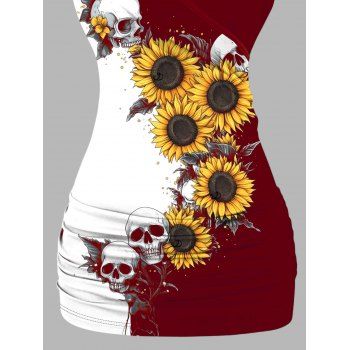 Monochrome Sunflower Skulls Pattern Butterfly Lace Gothic Tank Top Contrast Color Surplice O Ring Holiday Top